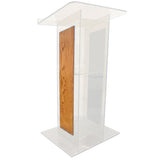 Acrylic H Style Lectern with Shelf and Wooden Side Panels Frosted Amplivox Golden Oak Amplivox No Wheels