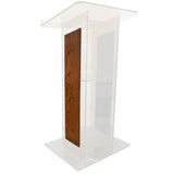 Acrylic H Style Lectern with Shelf and Wooden Side Panels Frosted Amplivox Walnut Amplivox No Wheels