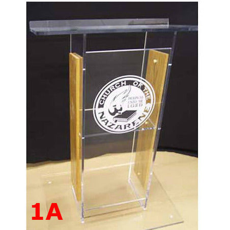 Custom Logo for JY Sound Lectern 1. On Acrylic Lectern: Laser Etched White Fill Logo - Using Our Art
