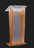 H Style Acrylic Lectern with Wood Side Panels Base & Shelf Golden Oak Amplivox Frosted Amplivox