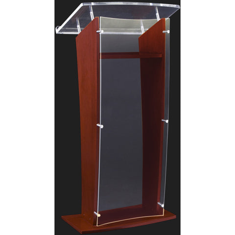 H Style Acrylic Lectern with Wood Side Panels Base & Shelf Black Cherry Amplivox Clear Amplivox