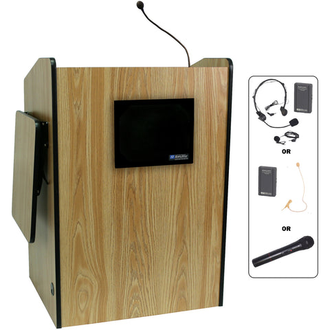 Multimedia Presentation Podium with Sound and Wireless Mic Oak Laminate Amplivox